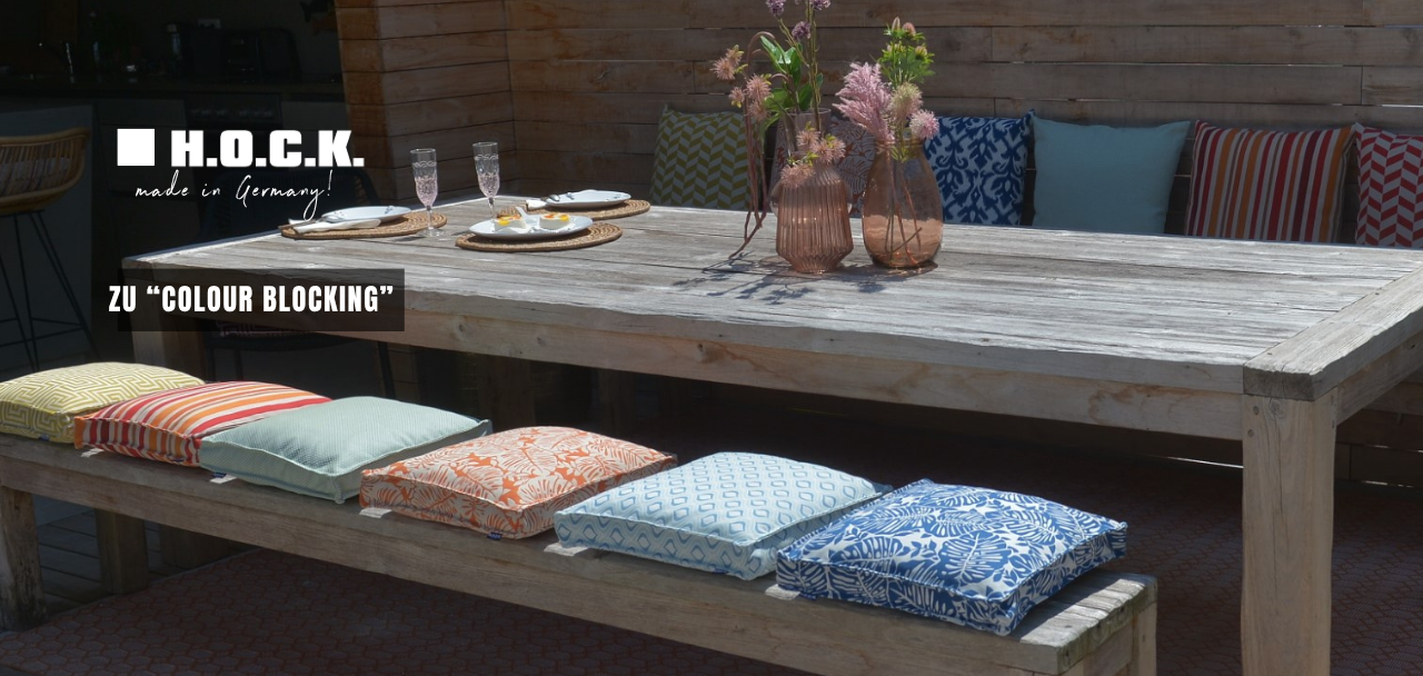 Outdoor Kollektion "Colour Blocking". Wetterfeste Outdoorkissen, Sitzkissen & Hocker