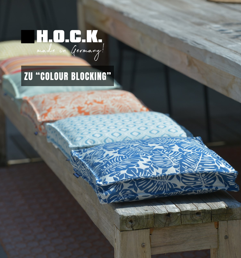 Outdoor Kollektion "Colour Blocking". Wetterfeste Outdoorkissen, Sitzkissen & Hocker