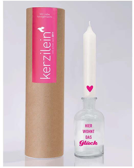 MEA Glas mit Stabkerze, weiß / neon pink "Hier wohnt das Glück"