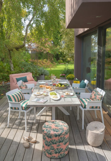 H.O.C.K. Palmeral Outdoor Sitzkissen mit Biese 40x40x2cm zugenäht apricot Palmen