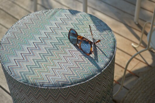 H.O.C.K. Pablo Outdoor Hocker Pouf rund mit Keder ø45x45cm col. 2 blue multi Zick-Zack sun boho