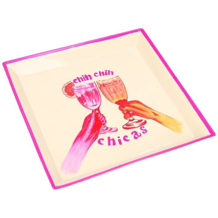 GIFTY Tablett "Chin Chin Chicas" beige / neon pink quadratisch 22,5x2,5x22,5cm