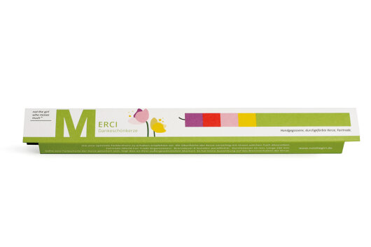 NTG Kerze schmal "Merci / Dankeschön" grün, gelb, rosa
