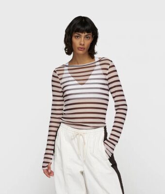 N.Y.A. | 10Days Mesh Longsleeve Streifen ecru / weinrot