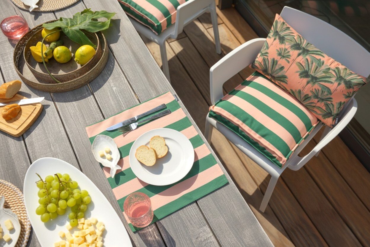 H.O.C.K. Riviera Stripe Outdoor Matratzenkissen 50x50x10cm Green Rosé Streifen