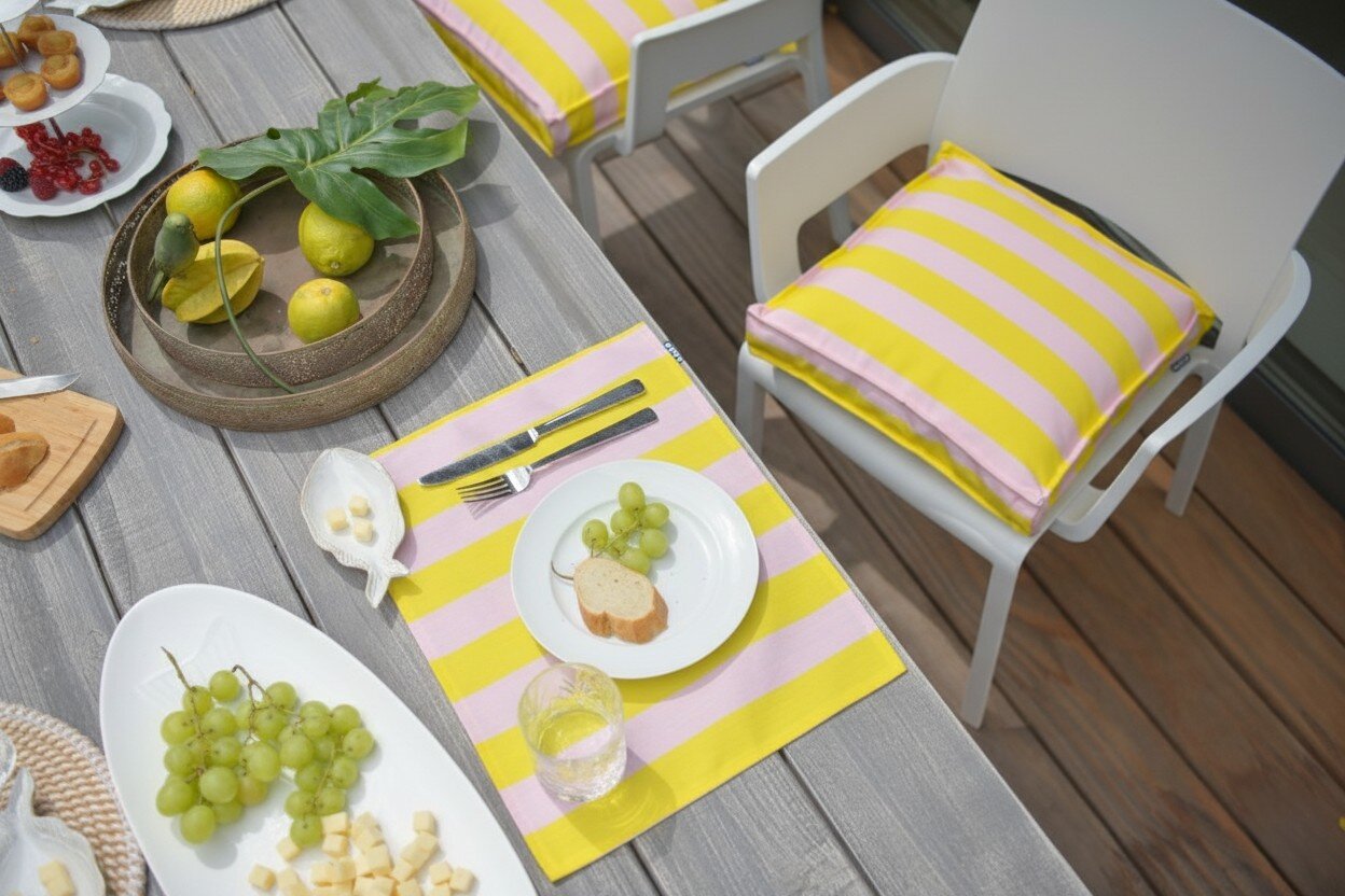 H.O.C.K. Riviera Stripe Outdoor Tischset 2er Set 33x45cm Yellow Rosé Streifen