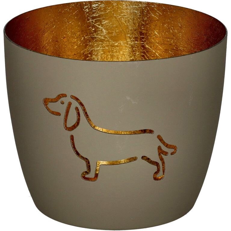 GIFTY Madras Windlicht DACKEL sandstone / gold ca. 10x8,5cm