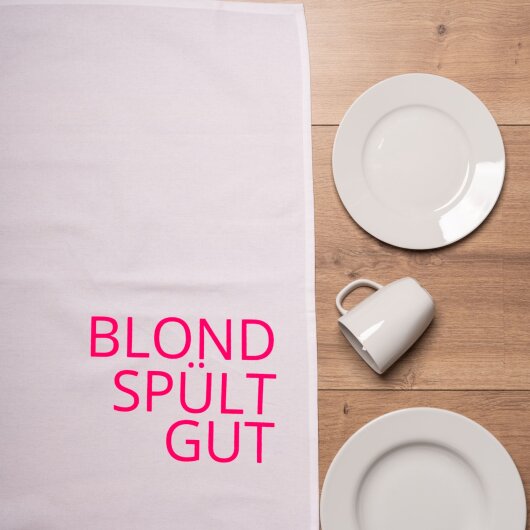 17;30 Geschirrtuch "Blond spült gut" weiß mit pink