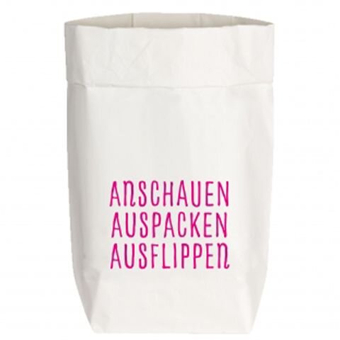 17;30 Paperbag small "ANSCHAUEN AUSPACKEN AUSFLIPPEN" weiß mit pink