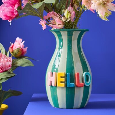 WV Vase "HELLO" Streifen grün 17x16x27cm