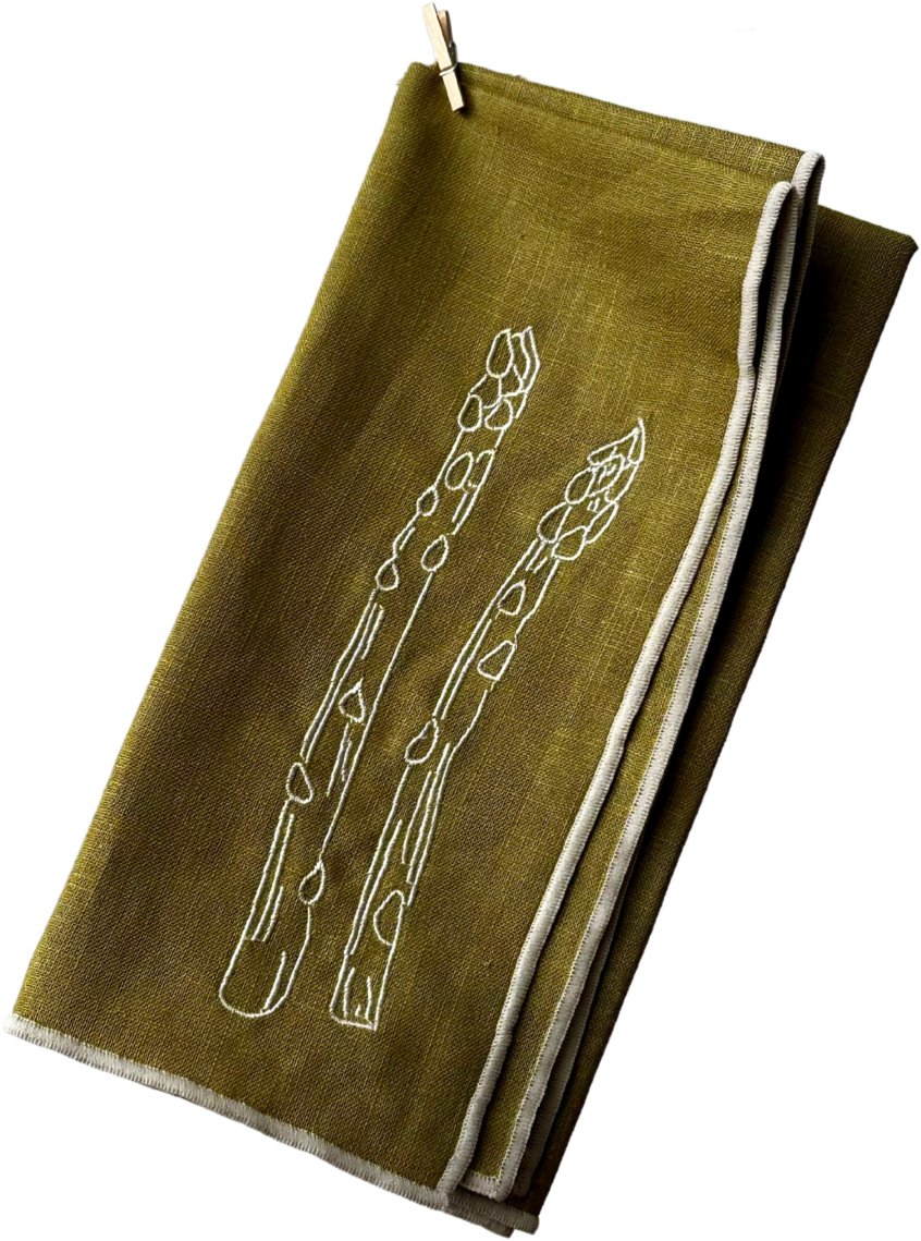 Maegen Servietten aus Leinen bestickt "Spargel" 2er Pack | olive