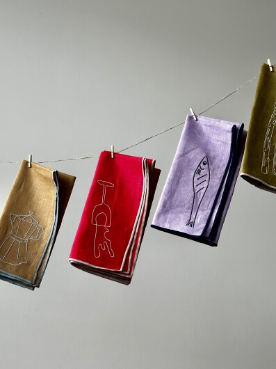 Maegen Servietten aus Leinen bestickt "Fisch" 2er Pack | lila