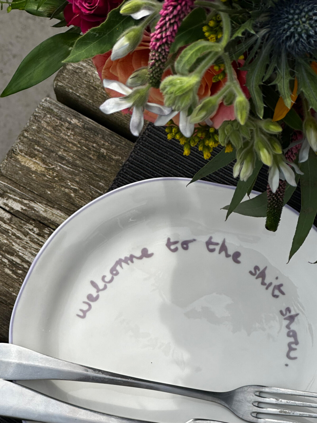 Maegen Steingut Teller mit Spruch "welcome to the shit show" | lila