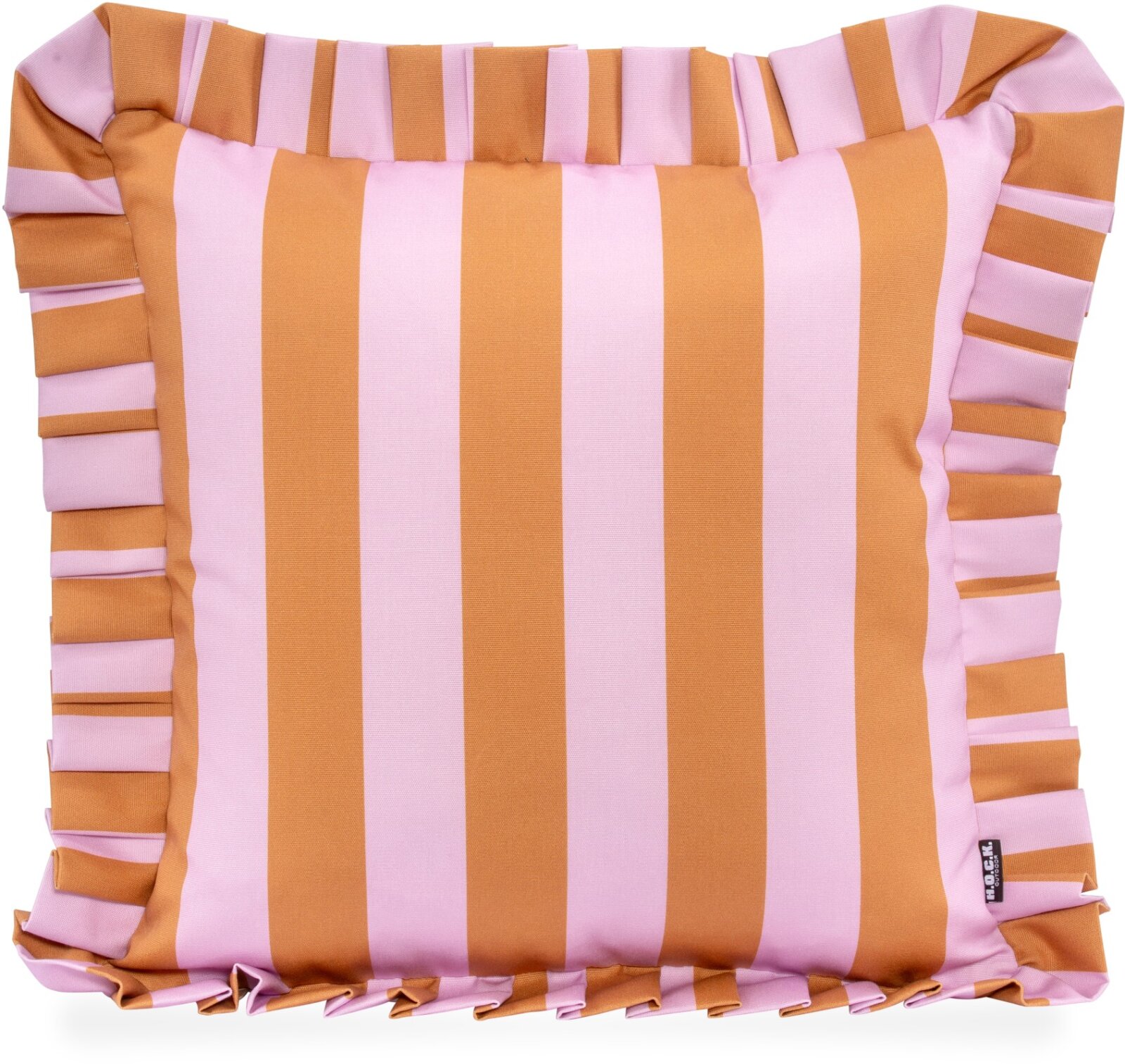 H.O.C.K. Riviera Stripe Outdoor Kissen mit Volant 45x45cm Cognac Flieder Streifen Rüschenkissen