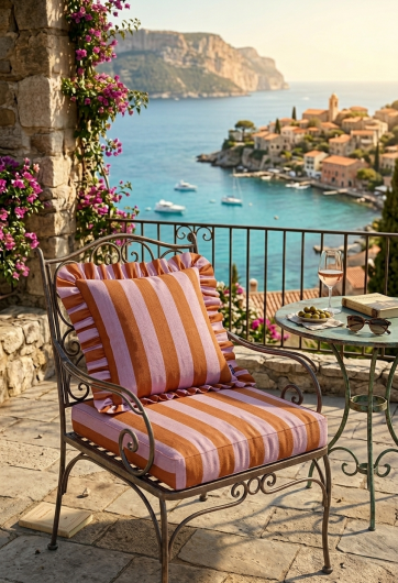 H.O.C.K. Riviera Stripe Outdoor Kissen mit Volant 45x45cm Cognac Flieder Streifen Rüschenkissen