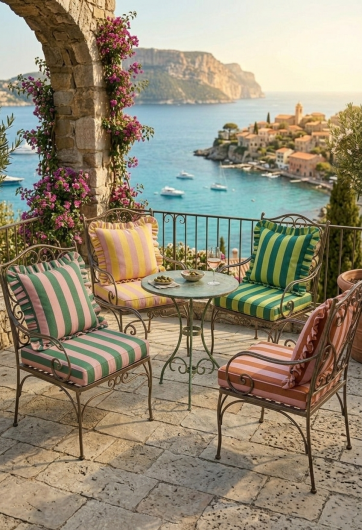 H.O.C.K. Riviera Stripe Outdoor Kissen mit Volant 45x45cm Cognac Flieder Streifen Rüschenkissen