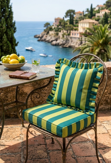 H.O.C.K. Riviera Stripe Outdoor Kissen mit Volant 45x45cm Green Petrol Streifen Rüschenkissen