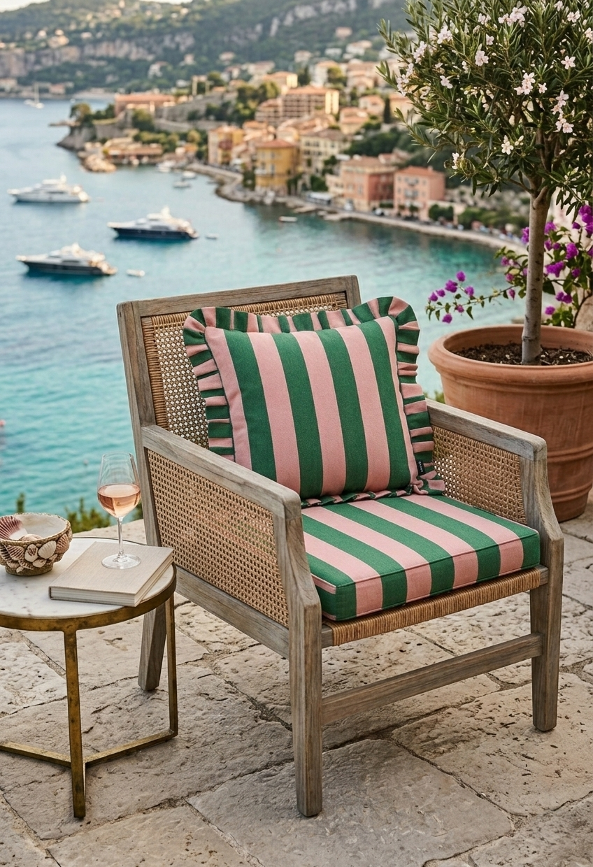 H.O.C.K. Riviera Stripe Outdoor Kissen mit Volant 45x45cm Green Rosé Streifen Rüschenkissen