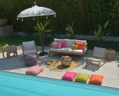 H.O.C.K. Sally Outdoor Hocker Pouf rund ø45x45cm col. 231 coral lachs sunny | Leo-Muster