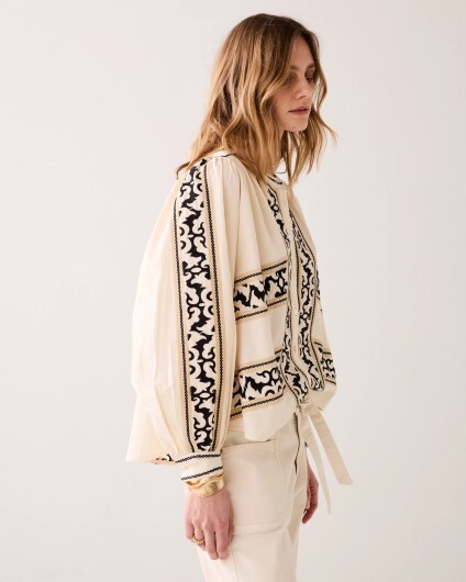 N.Y.A. | Summum Bestickte Bluse crispy Baumwolle creme beige L