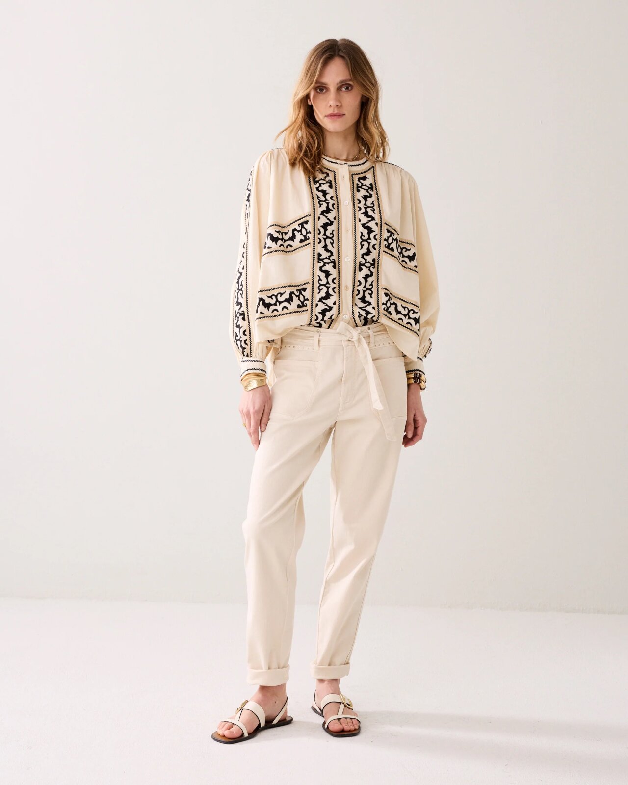N.Y.A. | Summum Bestickte Bluse crispy Baumwolle creme beige M