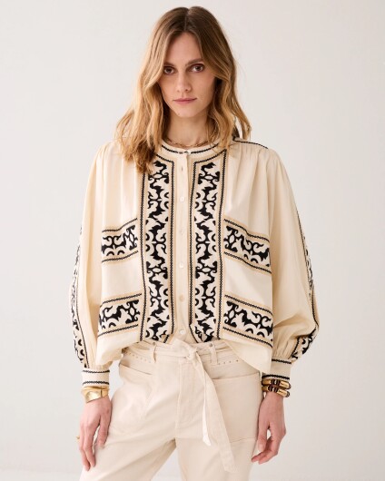 N.Y.A. | Summum Bestickte Bluse crispy Baumwolle creme beige M