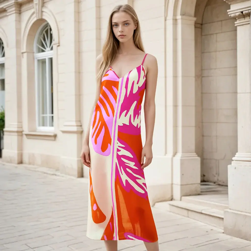 N.Y.A. | Soul Kathrine Leichtes Sommerkleid Palmenmuster | Rot Pink Orange L