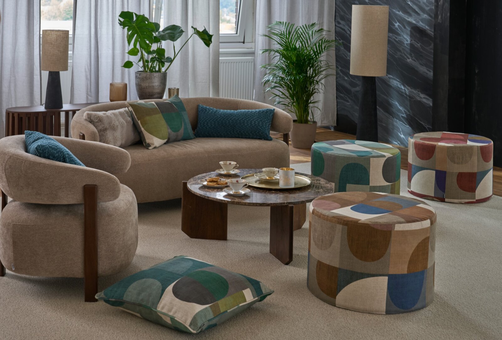 H.O.C.K. Hoppers Hocker rund Pouf ø60x40cm - Burgunder | Retro-Muster
