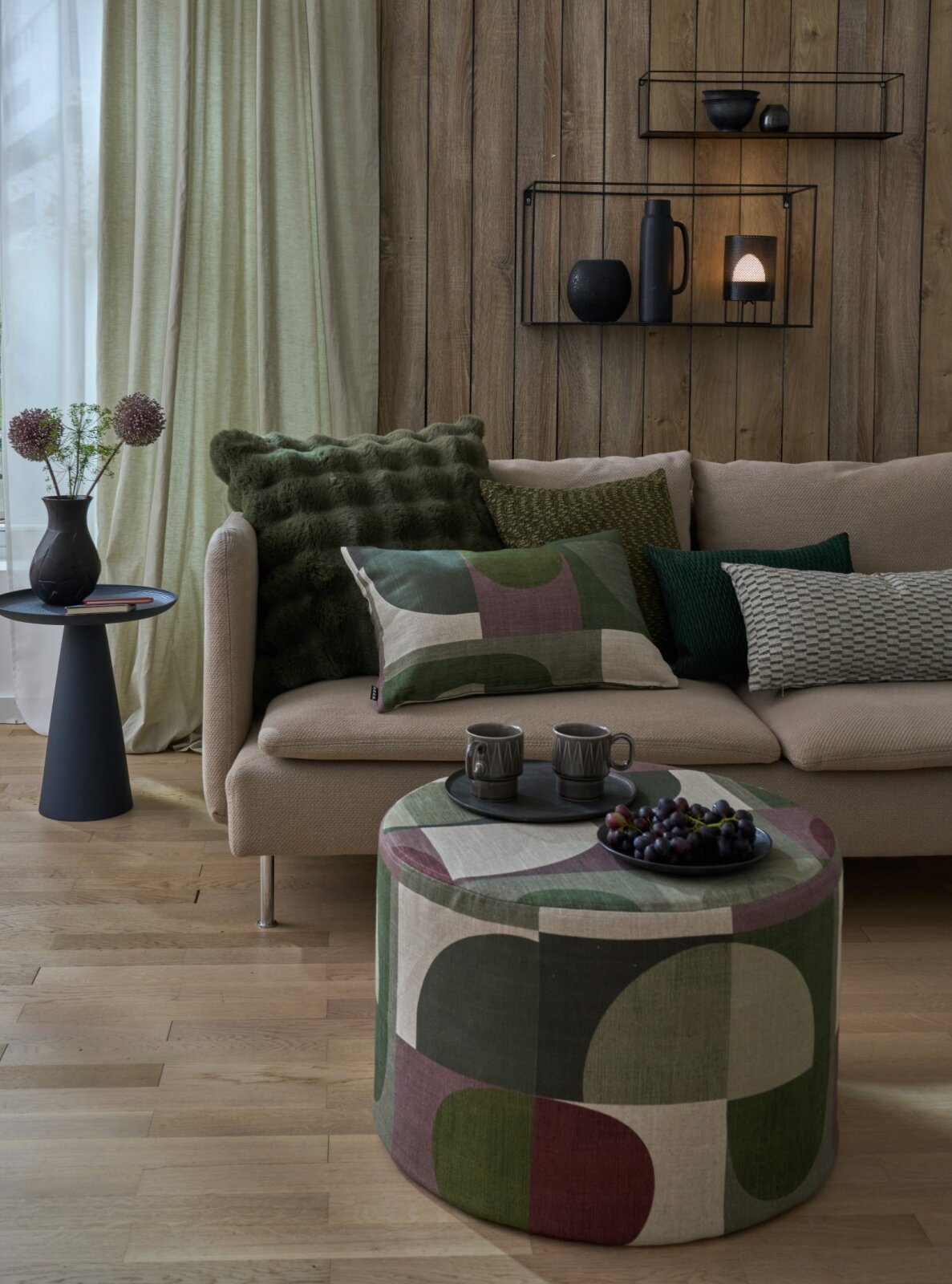 H.O.C.K. Hoppers Hocker rund Pouf ø60x40cm - Olive Grün | Retro-Muster