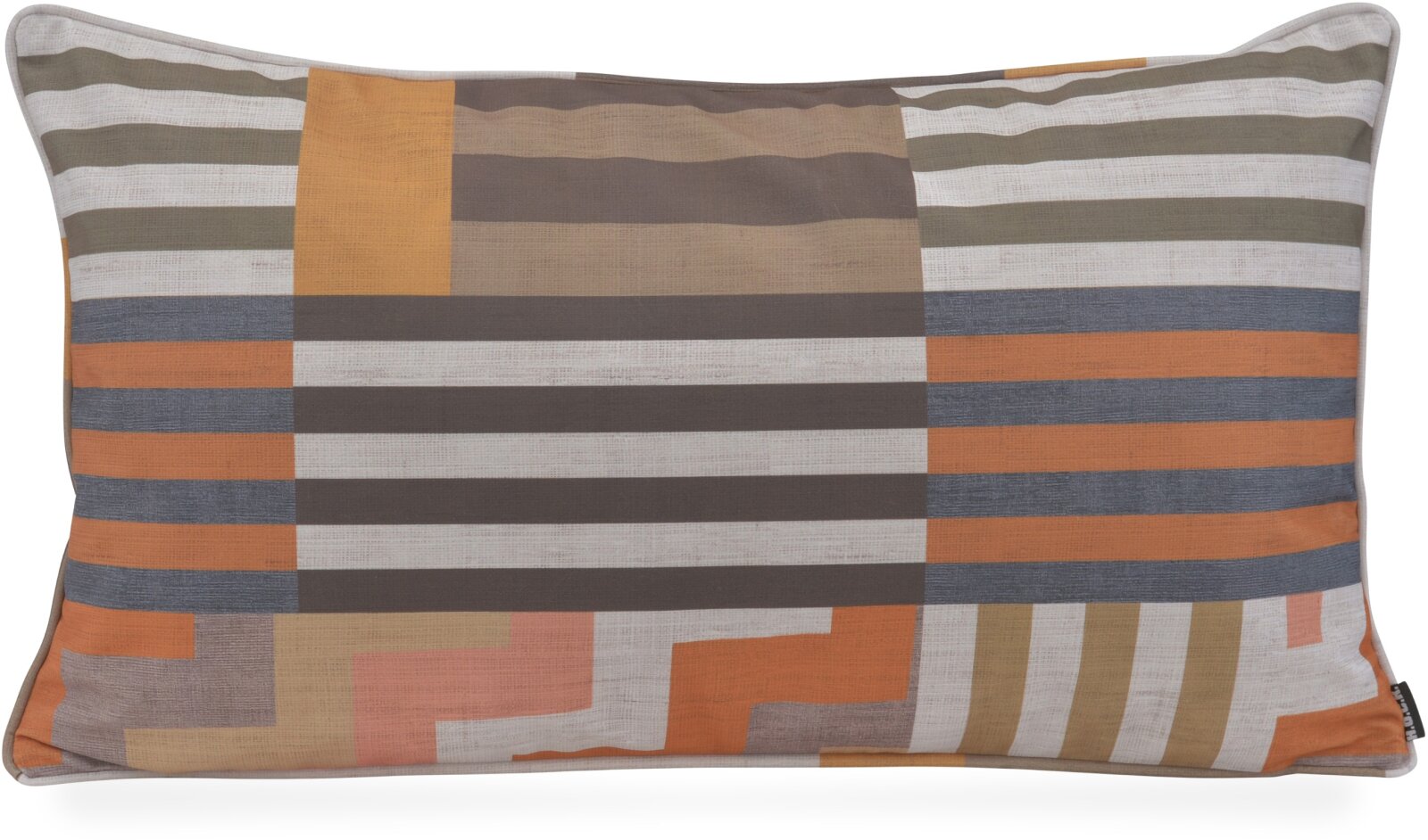 H.O.C.K. Cabana Stripes Dekokissen 70x40cm camel-rost-olive-grau mit Keder | Patchwork-Muster