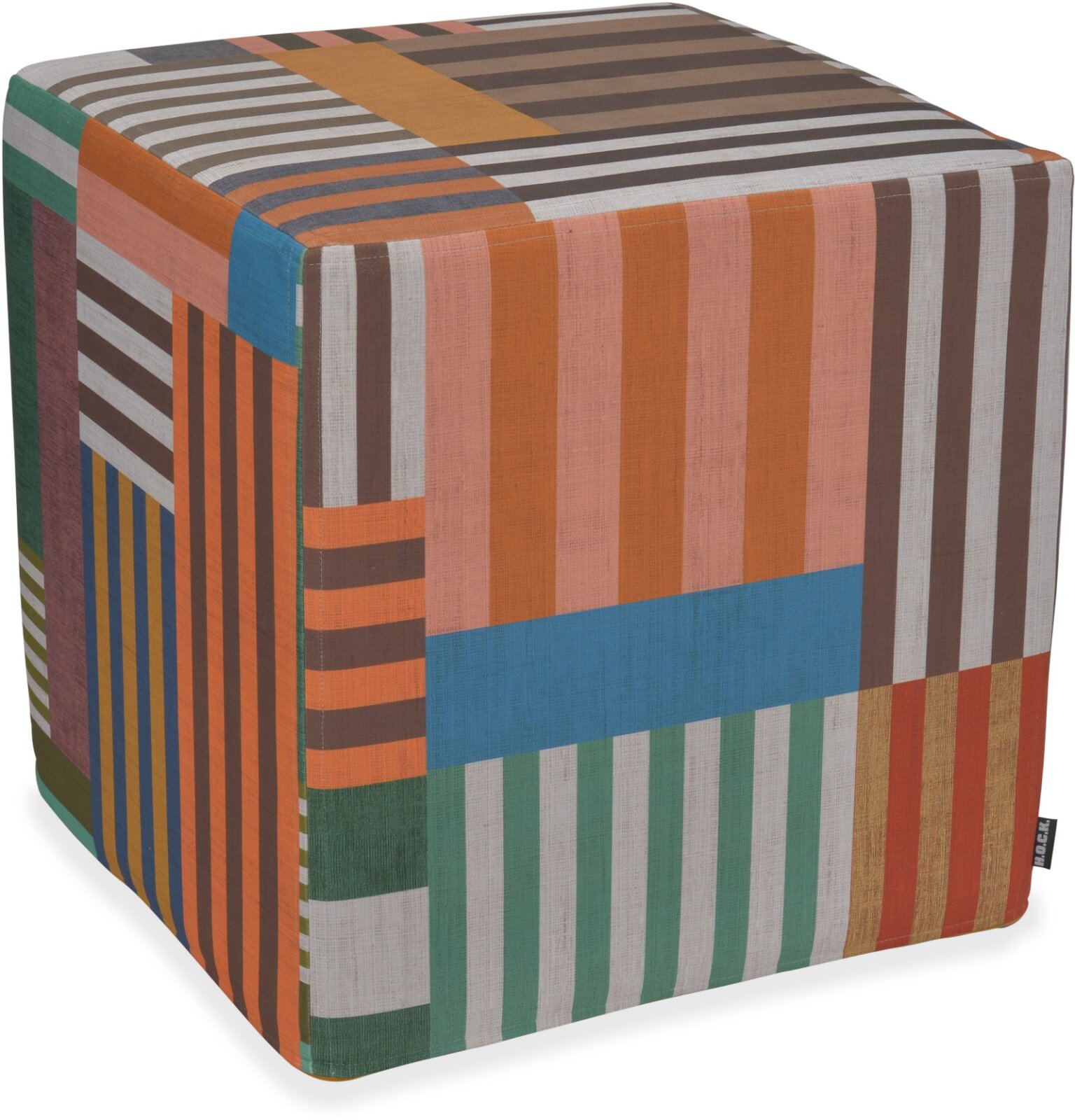 H.O.C.K. Cabana Stripes Hocker Cube 45x45x45cm camel-rost-olive-grau | Patchwork-Muster