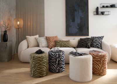 H.O.C.K. Zari Hocker Pouf ø40x45cm rund - Schwarz Taupe Zebra Muster