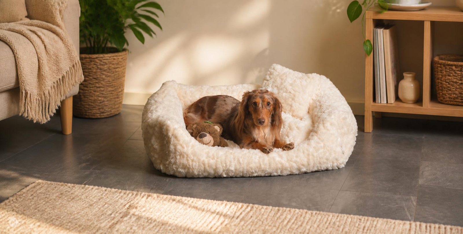 H.O.C.K. Hundebett FRIDA Größe M ca. 70 x 50 x 23 cm - Mellow Ecru Teddyplüsch