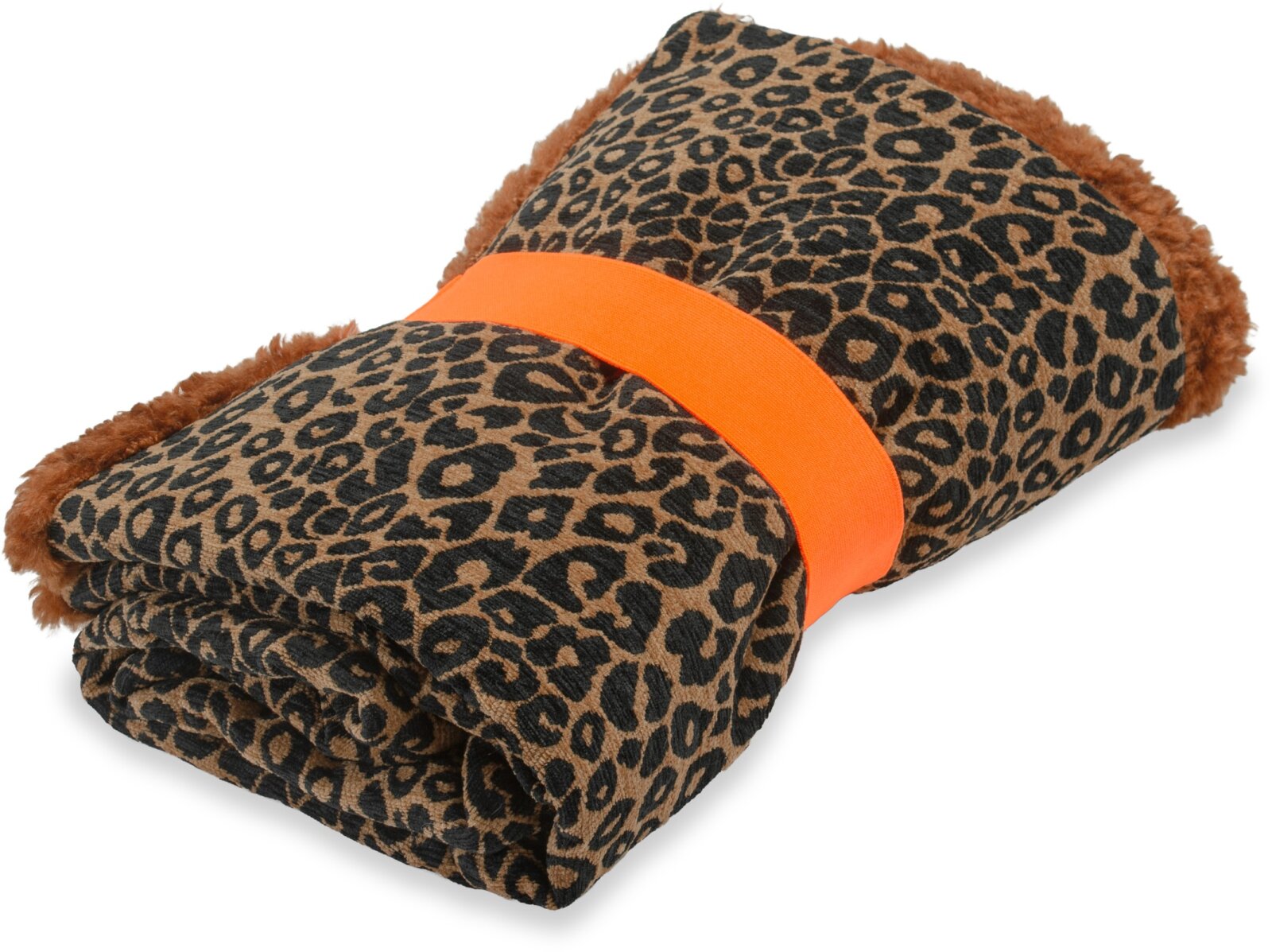 H.O.C.K. Hundedecke FRITZ M ca. 140x80cm mit Neonband - Cognac Schwarz Leomuster | Teddyplüsch | Terra Wildlife Mellow