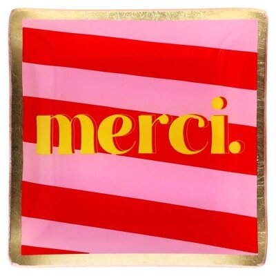GIFTY Glasteller eckig S / "merci" Streifen rosa rot ca. 10x0,8x10cm