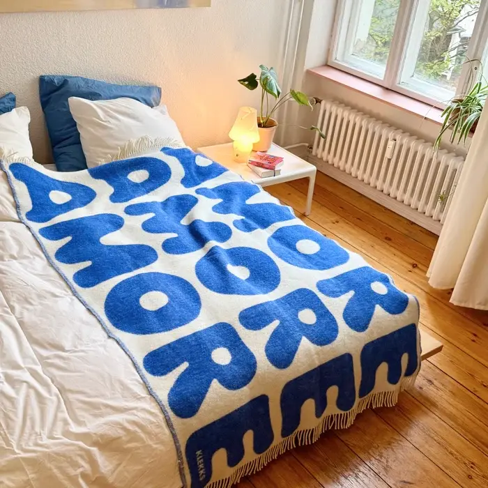 KLEKKS Wolldecke "AMORE" blau beige mit Fransen 130x200cm
