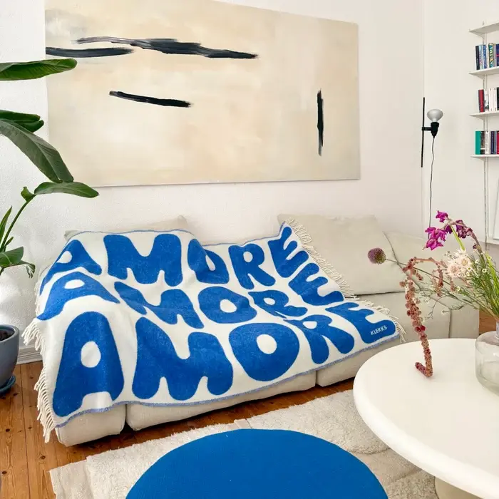 KLEKKS Wolldecke "AMORE" blau beige mit Fransen 130x200cm