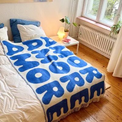 KLEKKS Wolldecke "AMORE" blau beige mit Fransen 130x200cm
