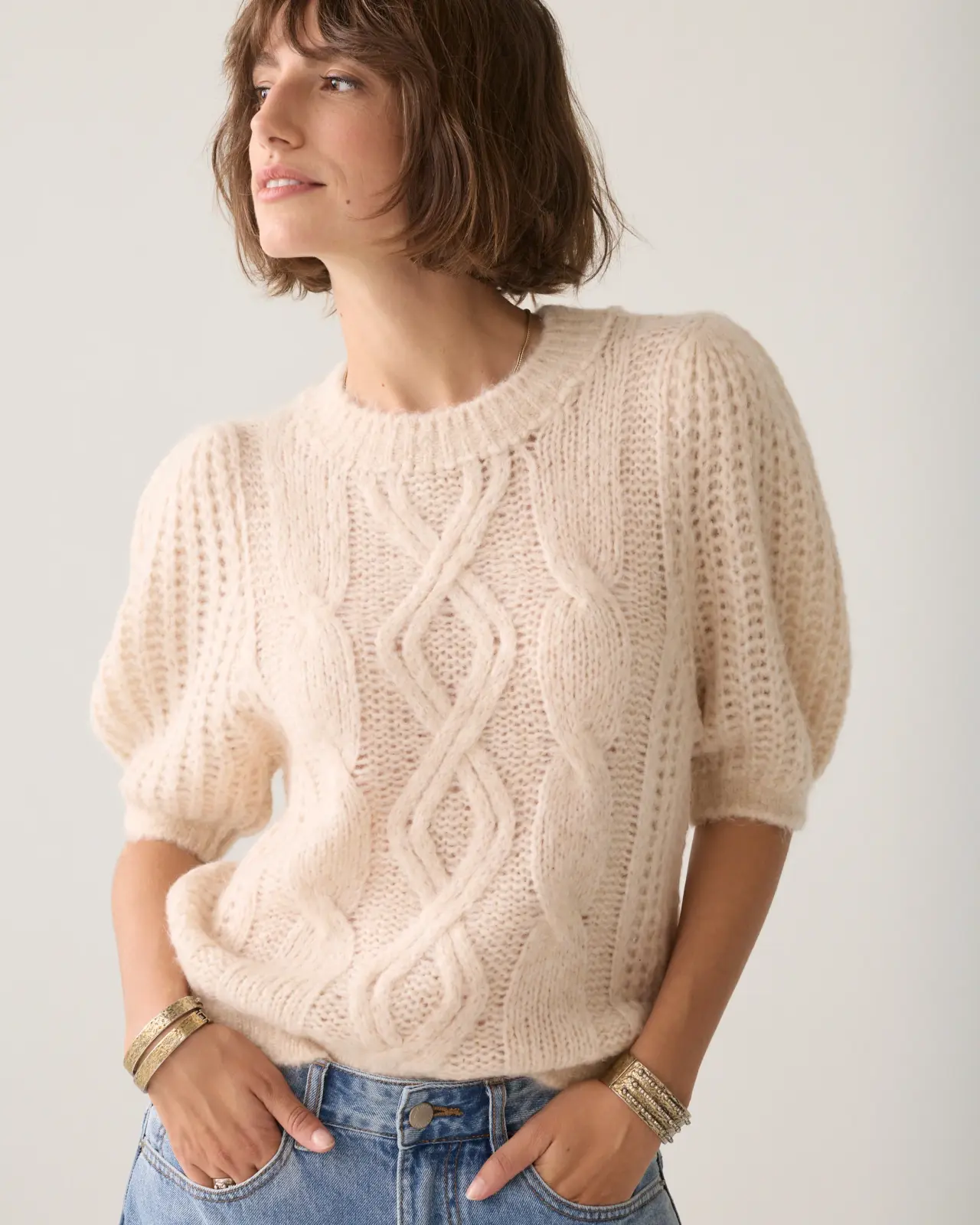 N.Y.A. | Summum Kurzer Pullover mit Puffärmeln creme M