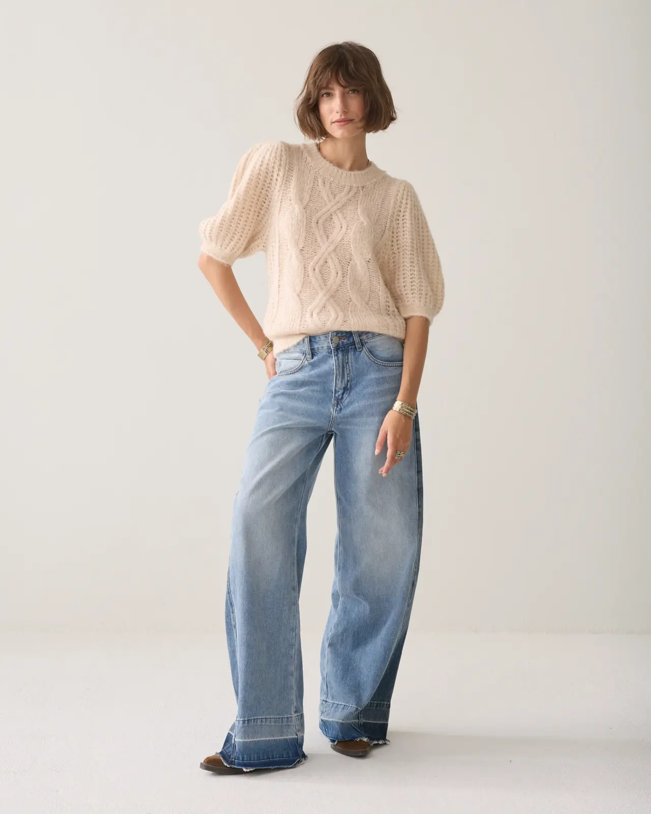 N.Y.A. | Summum Kurzer Pullover mit Puffärmeln creme M