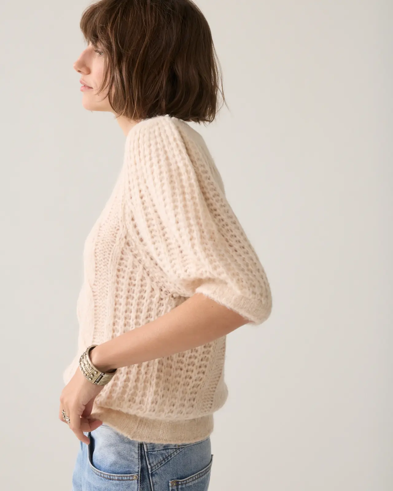 N.Y.A. | Summum Kurzer Pullover mit Puffärmeln creme M