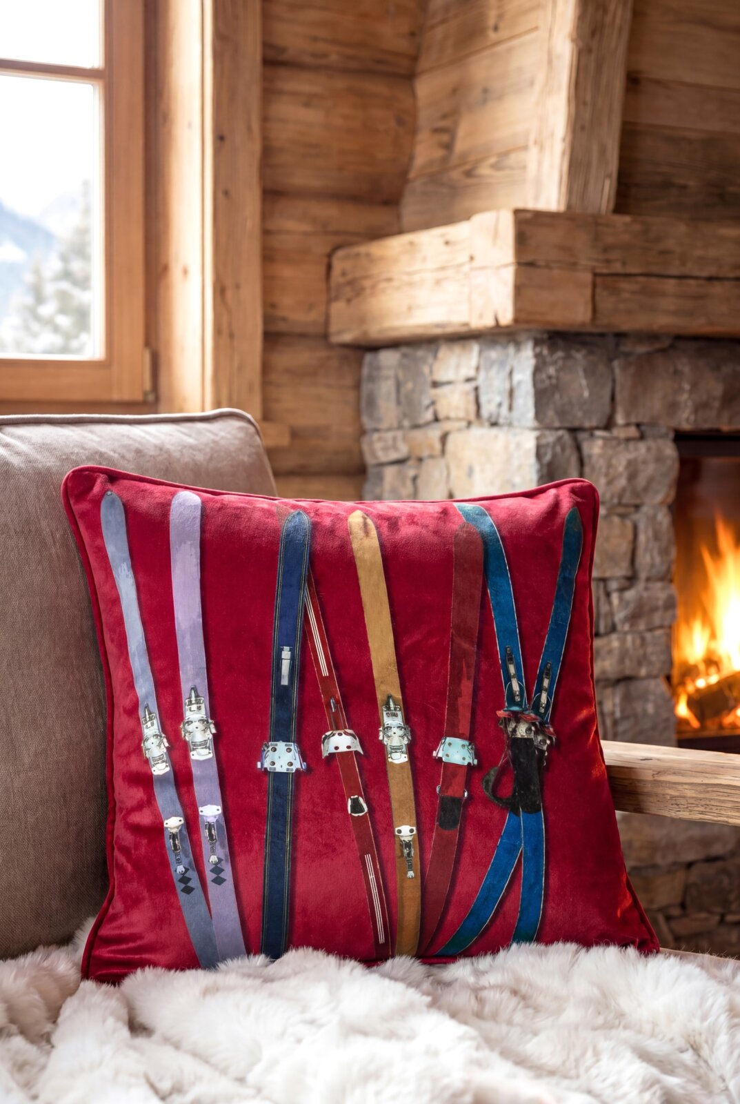 STF Dekokissen "Ski" Weihnachtskissen ca. 45x45cm | Samtkissen rot