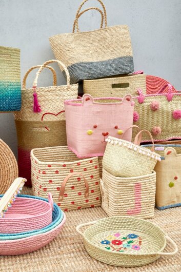 RICE Raffia Basket Korb natur mit Ledergriffen 30x30x25cm