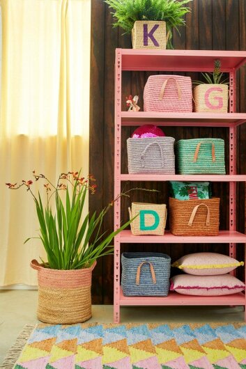 RICE Raffia Basket Korb natur mit Ledergriffen 30x30x25cm