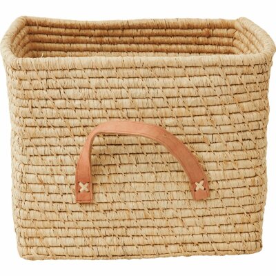 RICE Raffia Basket Korb natur mit Ledergriffen 30x30x25cm