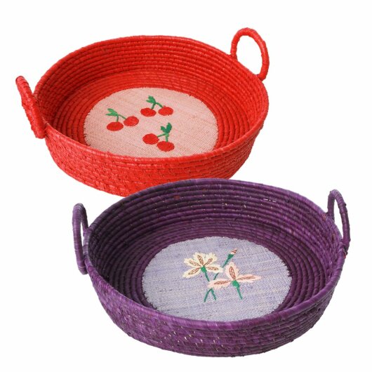 RICE Raffia runder Brotkorb Iris Print lila flieder