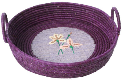 RICE Raffia runder Brotkorb Iris Print lila flieder