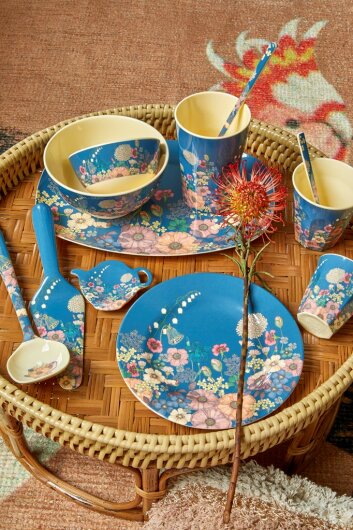 RICE Melamine Cup Tasse Becher Blumen Print blau