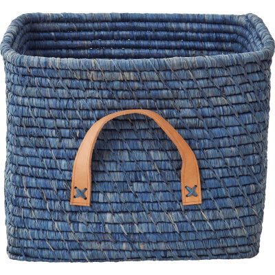 RICE Raffia Basket Korb blau mit Ledergriffen 30x30x25cm