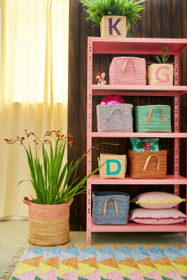 RICE Raffia Basket Korb blau mit Ledergriffen 30x30x25cm